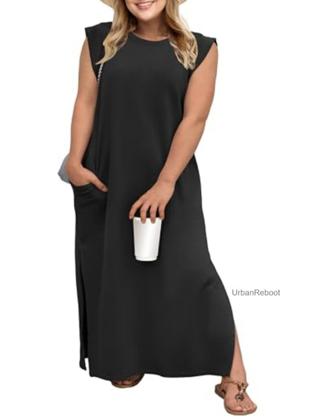 Plus Size Maxi Dress Summer Short Sleeve Split Long Dress Crew Neck Casual